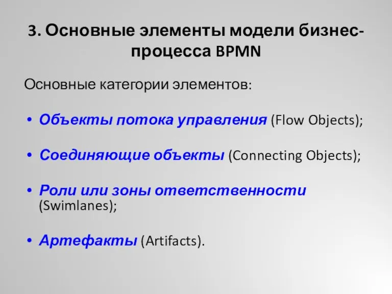 3. Основные элементы модели бизнес-процесса BPMN Основные категории элементов: Объекты