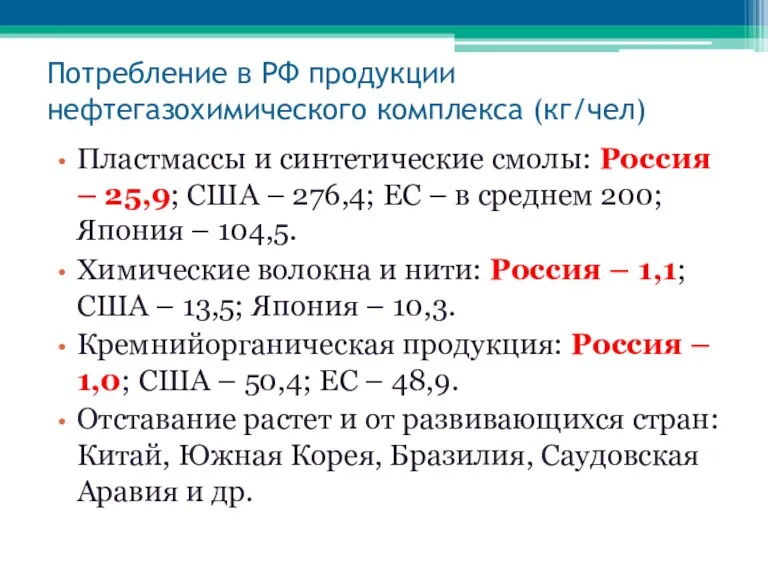 Потребление в РФ продукции нефтегазохимического комплекса (кг/чел) Пластмассы и синтетические