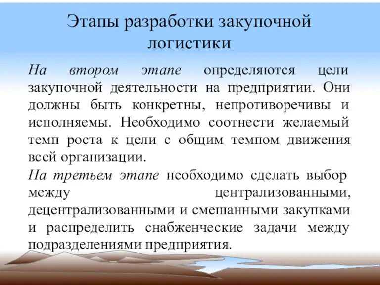 Этапы разработки закупочной логистики На втором этапе определяются цели закупочной