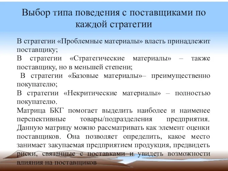 Выбор типа поведения с поставщиками по каждой стратегии В стратегии