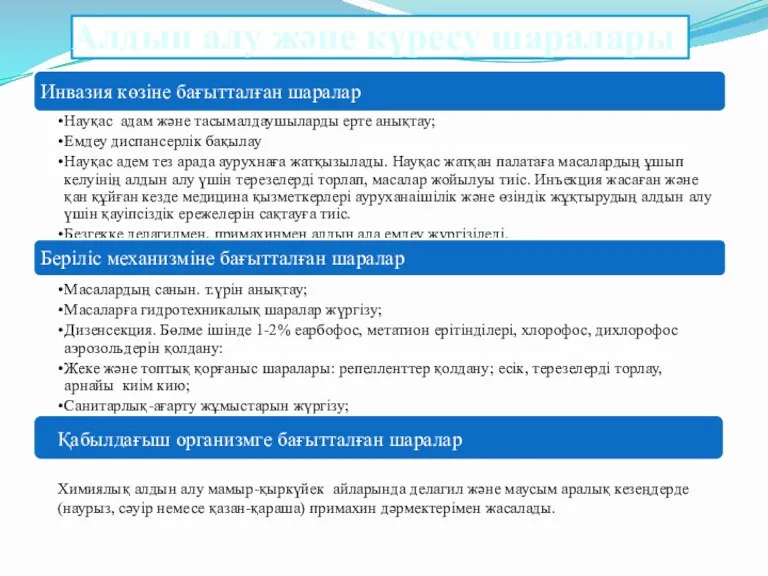 Алдын алу және күресу шаралары Қабылдағыш организмге бағытталған шаралар Химиялық