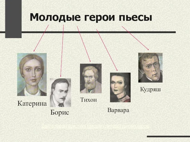 Молодые герои пьесы Катерина Борис Тихон Варвара Кудряш Дайте характеристику каждому литературному герою.