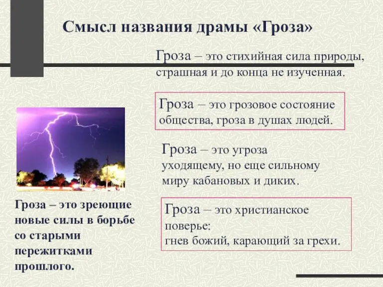 Смысл названия драмы «Гроза» Гроза – это стихийная сила природы, страшная и до