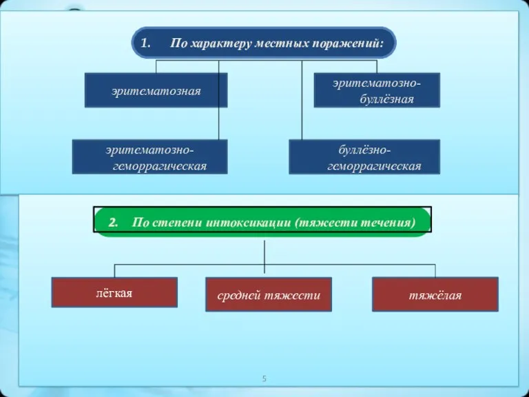 По характеру местных поражений: эритематозная эритематозно-буллёзная эритематозно-геморрагическая буллёзно-геморрагическая 2. По