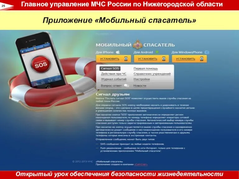 Приложение «Мобильный спасатель» 25 Главное управление МЧС России по Нижегородской области Открытый урок обеспечения безопасности жизнедеятельности