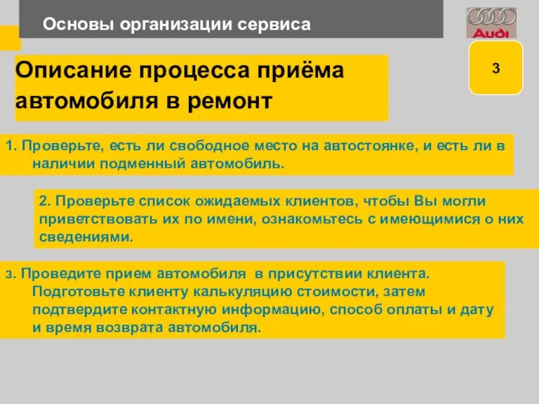 Основы организации сервиса Описание процесса приёма автомобиля в ремонт 1.