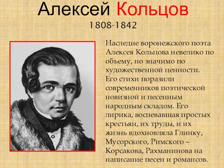 Алексей Кольцов 1808-1842 Наследие воронежского поэта Алексея Кольцова невелико по объему, но значимо