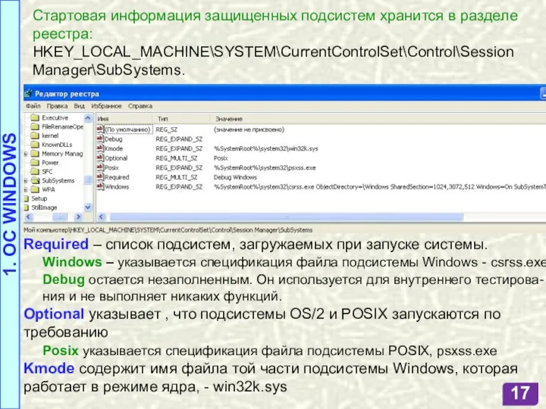 Стартовая информация защищенных подсистем хранится в разделе реестра: HKEY_LOCAL_MACHINE\SYSTEM\CurrentControlSet\Control\Session Manager\SubSystems.