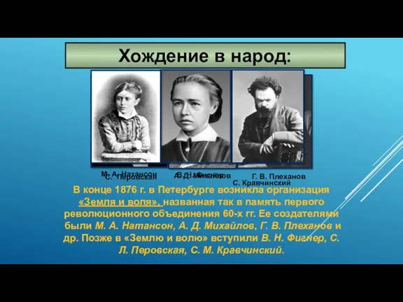 В конце 1876 г. в Петербурге возникла организация «Земля и воля», названная так