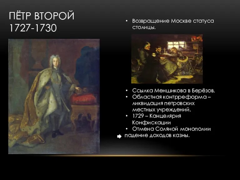 ПЁТР ВТОРОЙ 1727-1730 Возвращение Москве статуса столицы. Ссылка Меншикова в