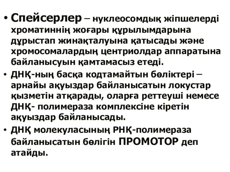 Спейсерлер ̶ нуклеосомдық жіпшелерді хроматиннің жоғары құрылымдарына дұрыстап жинақталуына қатысады