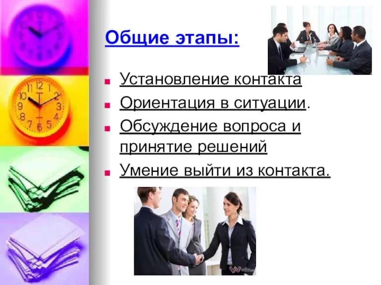 Общие этапы: Установление контакта Ориентация в ситуации. Обсуждение вопроса и принятие решений Умение выйти из контакта.