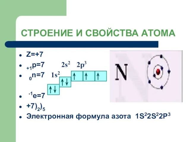 СТРОЕНИЕ И СВОЙСТВА АТОМА Z=+7 +1p=7 2s2 2p3 0n=7 1s2 -1е=7 +7)2)5 Электронная формула азота 1S22S22P3