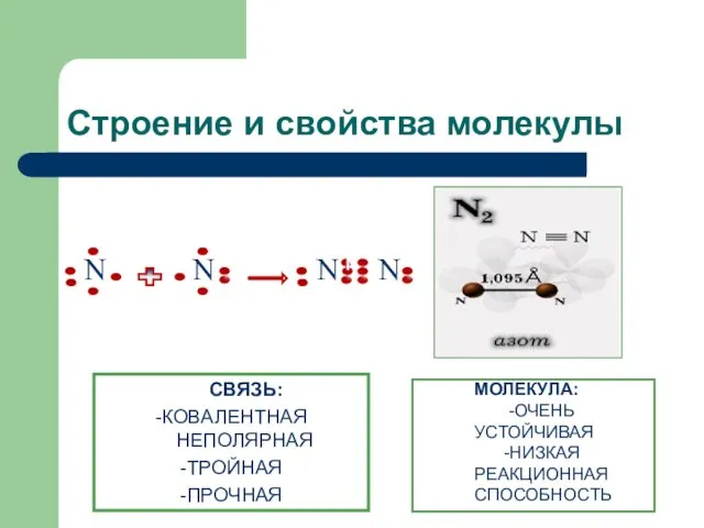 Строение и свойства молекулы СВЯЗЬ: -КОВАЛЕНТНАЯ НЕПОЛЯРНАЯ -ТРОЙНАЯ -ПРОЧНАЯ МОЛЕКУЛА: