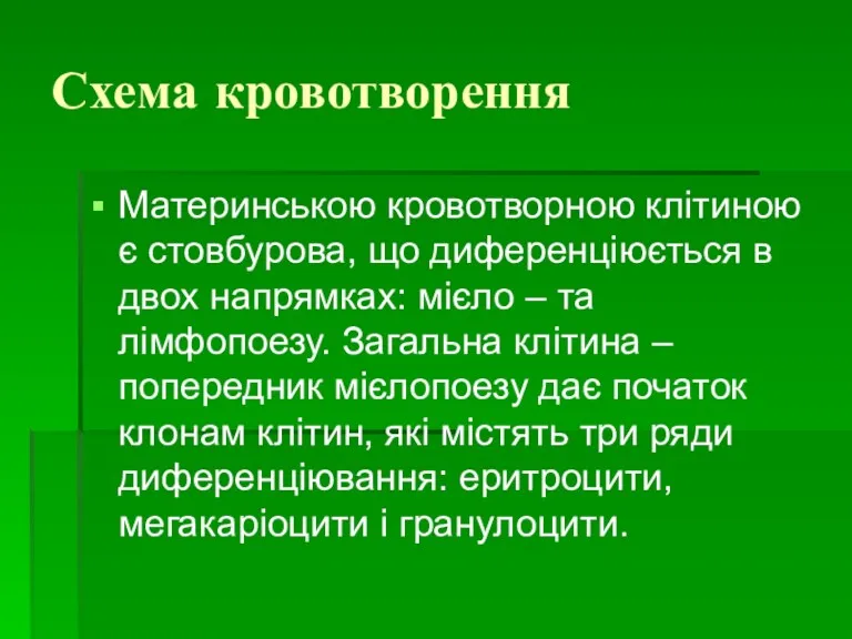 Схема кровотворення Материнською кровотворною клітиною є стовбурова, що диференціюється в