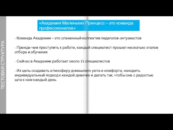 ТЕСТОВАЯ СТРУКТУРА «Академия Маленьких Принцесс – это команда профессионалов» 3