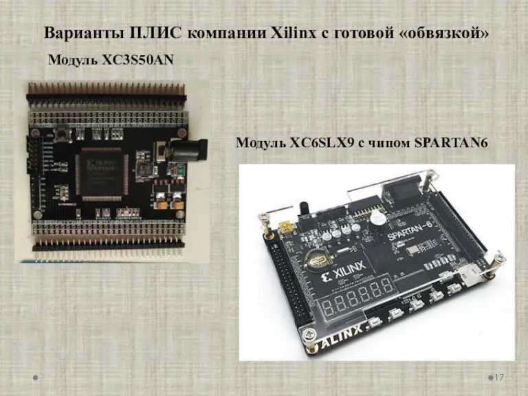 Варианты ПЛИС компании Xilinx с готовой «обвязкой» Модуль XC3S50AN Модуль XC6SLX9 с чипом SPARTAN6