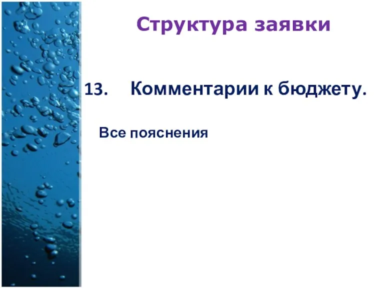 Структура заявки Комментарии к бюджету. Все пояснения