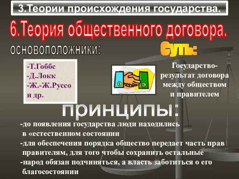 3.Теории происхождения государства. 6.Теория общественного договора. основоположники: -Т.Гоббс -Д.Локк -Ж.-Ж.Руссо