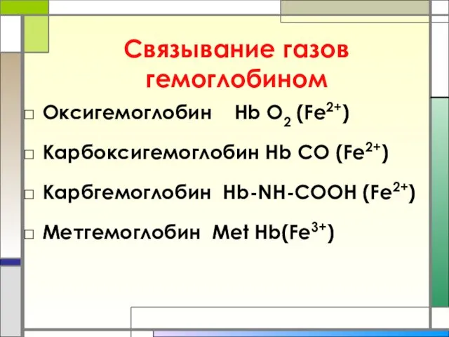 Связывание газов гемоглобином Оксигемоглобин Hb O2 (Fe2+) Карбоксигемоглобин Hb CO (Fe2+) Карбгемоглобин Hb-NH-COOH