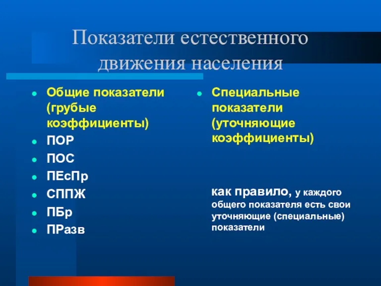 Показатели естественного движения населения Общие показатели (грубые коэффициенты) ПОР ПОС