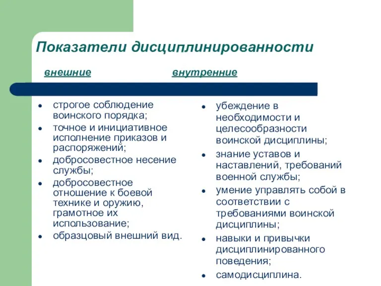 Показатели дисциплинированности внешние внутренние строгое соблюдение воинского порядка; точное и