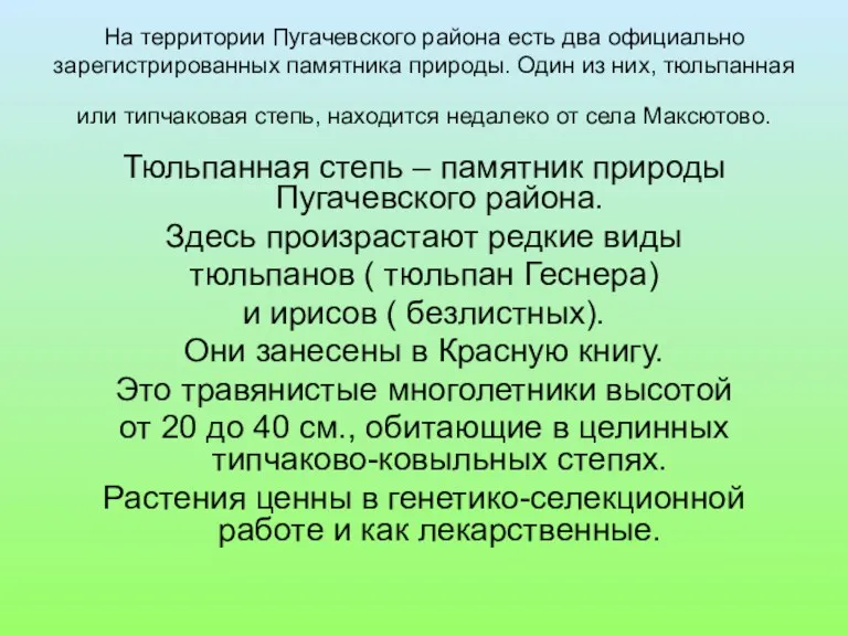 На территории Пугачевского района есть два официально зарегистрированных памятника природы.