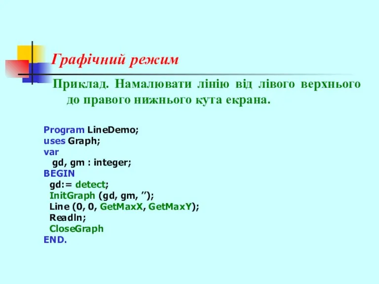 Графічний режим Приклад. Намалювати лінію від лівого верхнього до правого