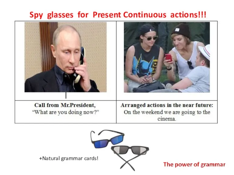 Spy glasses for Present Continuous actions!!! +Natural grammar cards!