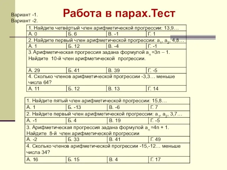 Вариант -1. Вариант -2. Работа в парах.Тест