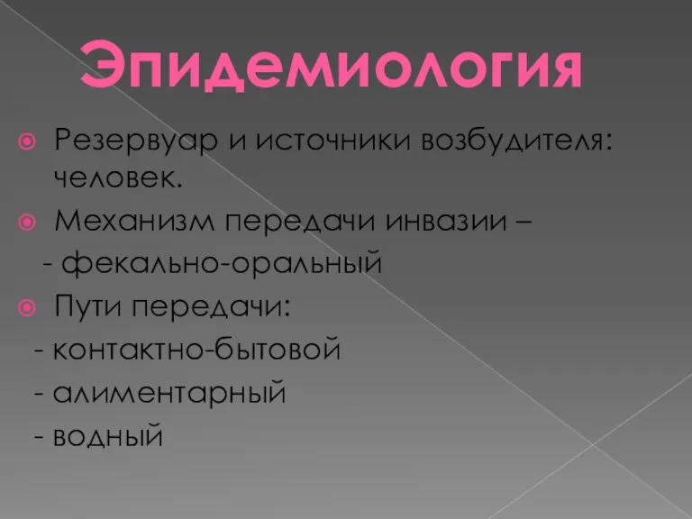 Эпидемиология Резервуар и источники возбудителя: человек. Механизм передачи инвазии –