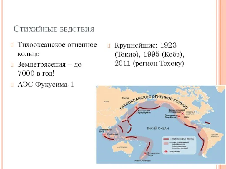 Стихийные бедствия Тихоокеанское огненное кольцо Землетрясения – до 7000 в