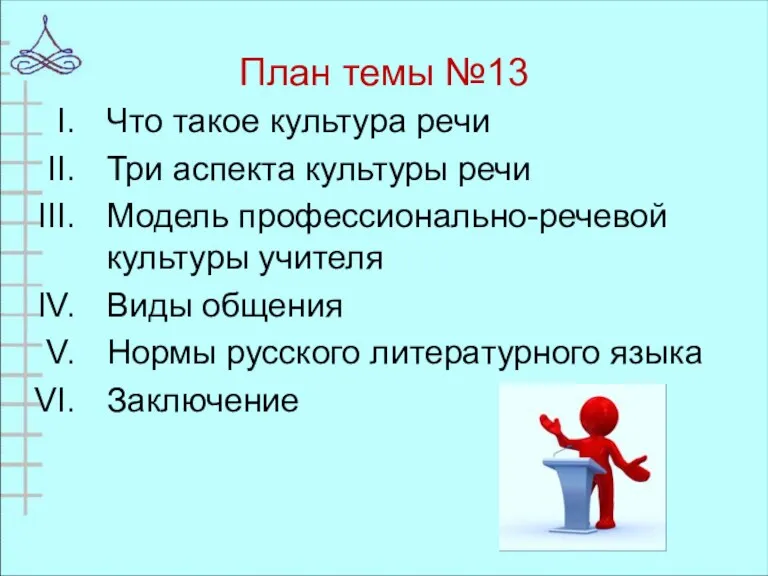 План темы №13 Что такое культура речи Три аспекта культуры