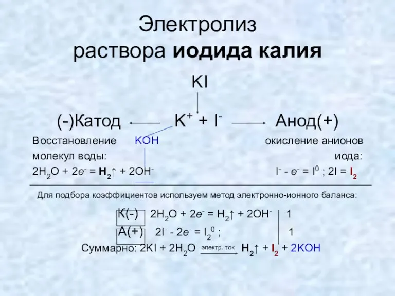 Электролиз раствора иодида калия KI (-)Катод K+ + I- Анод(+)