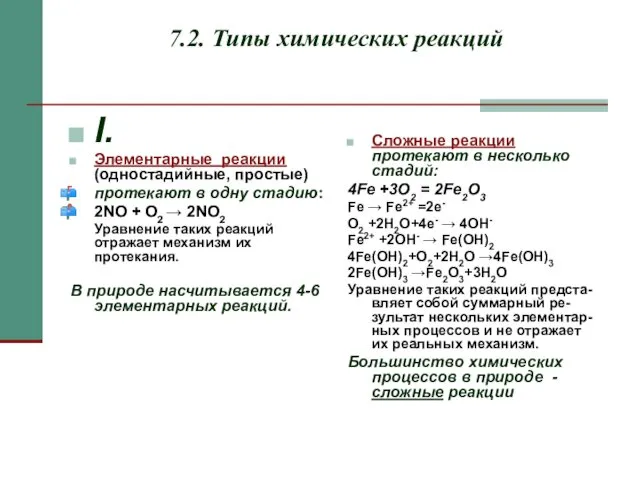 7.2. Типы химических реакций I. Элементарные реакции (одностадийные, простые) протекают