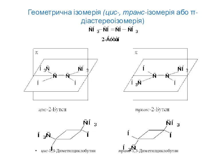 Геометрична ізомерія (цис-, транс-ізомерія або π-діастереоізомерія) цис-1,З-Диметилциклобутан транс-1,3-Диметилциклобутан