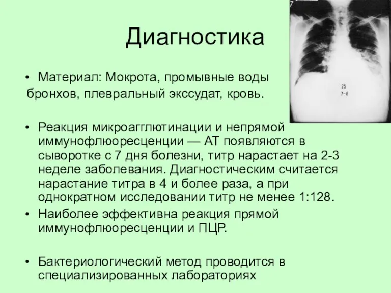 Диагностика Материал: Мокрота, промывные воды бронхов, плевральный экссудат, кровь. Реакция