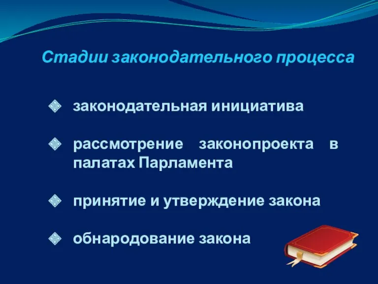 Стадии законодательного процесса законодательная инициатива рассмотрение законопроекта в палатах Парламента принятие и утверждение закона обнародование закона