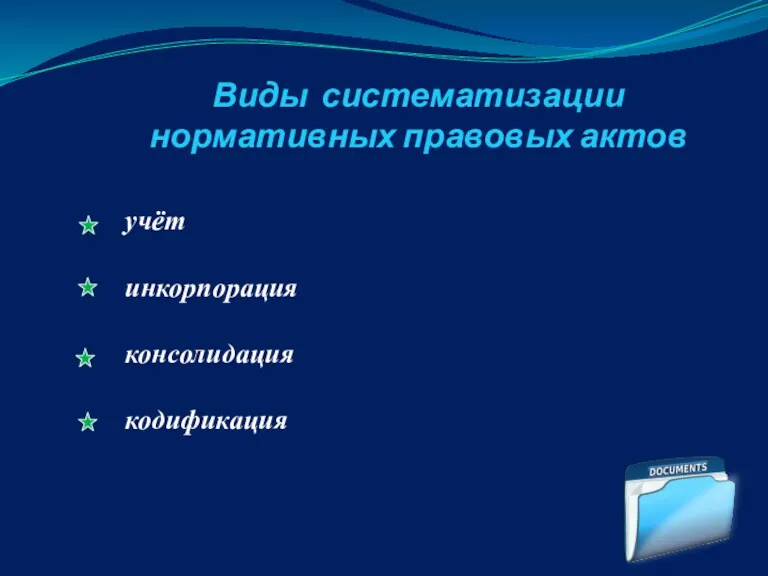 Виды систематизации нормативных правовых актов учёт инкорпорация консолидация кодификация