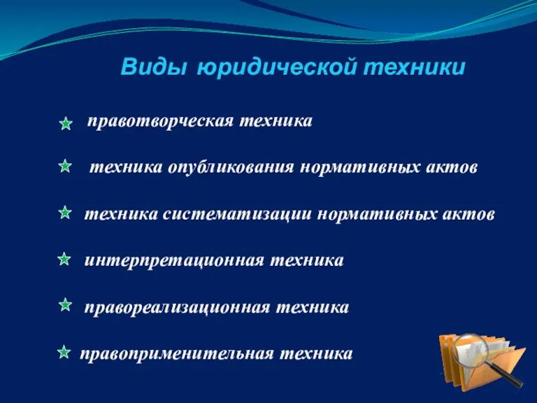 Виды юридической техники правотворческая техника техника опубликования нормативных актов техника