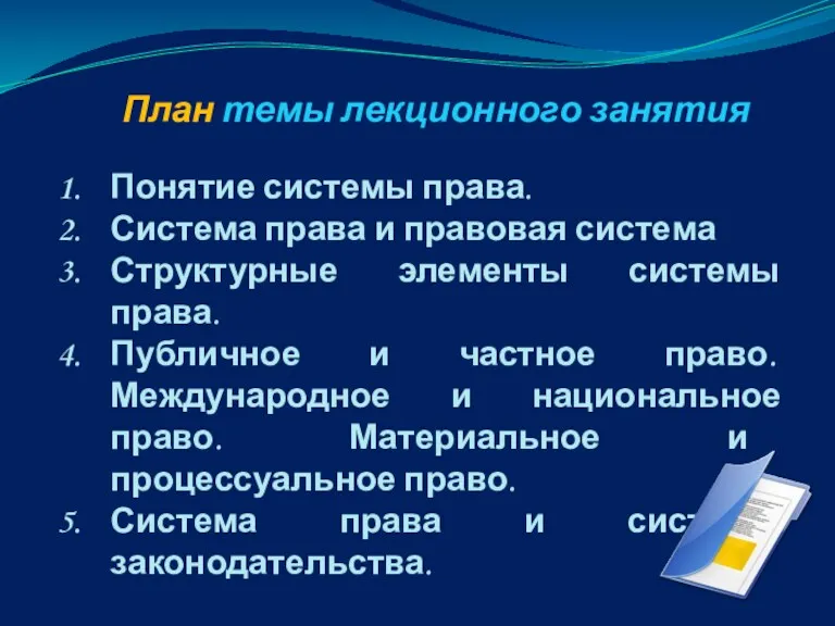 План темы лекционного занятия Понятие системы права. Система права и