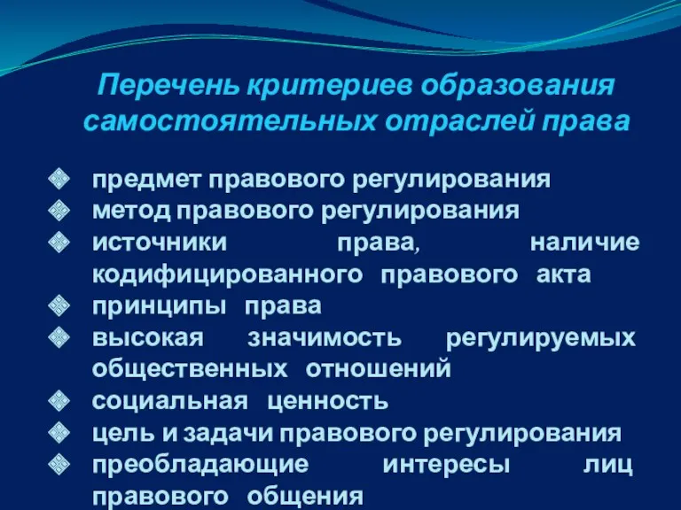 Перечень критериев образования самостоятельных отраслей права предмет правового регулирования метод