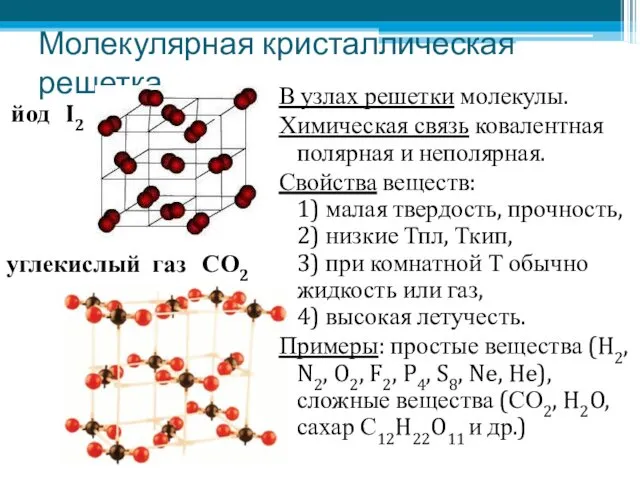 Молекулярная кристаллическая решетка В узлах решетки молекулы. Химическая связь ковалентная