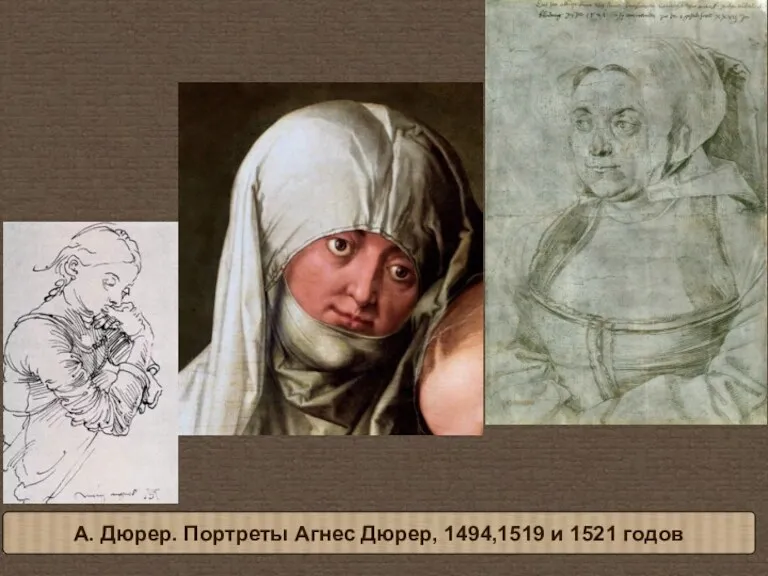 А. Дюрер. Портреты Агнес Дюрер, 1494,1519 и 1521 годов