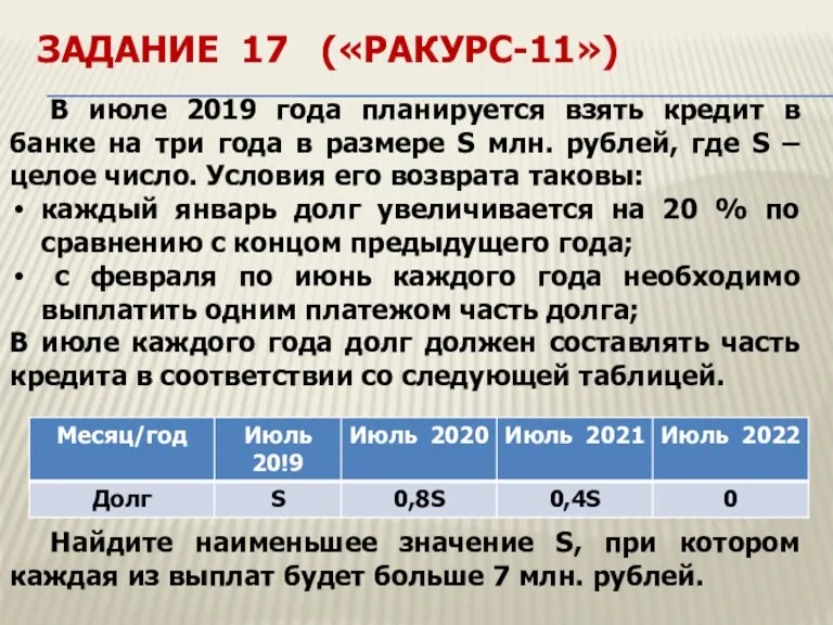 ЗАДАНИЕ 17 («РАКУРС-11») В июле 2019 года планируется взять кредит в банке на