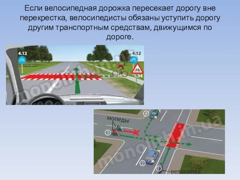 Если велосипедная дорожка пересекает дорогу вне перекрестка, велосипедисты обязаны уступить
