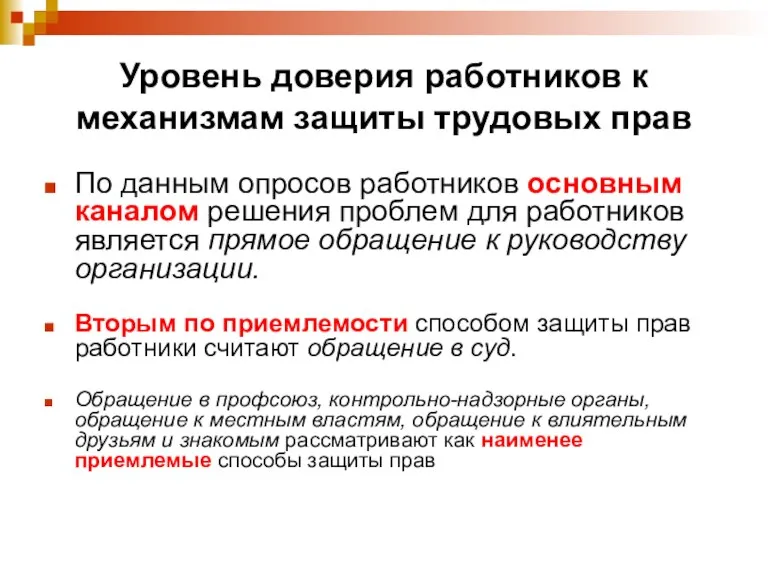 Уровень доверия работников к механизмам защиты трудовых прав По данным