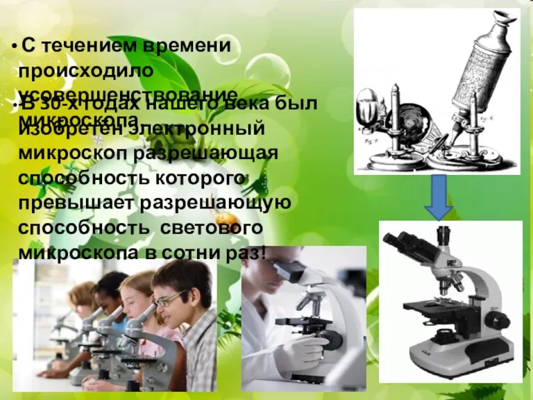 С течением времени происходило усовершенствование микроскопа. В 30-х годах нашего века был изобретён