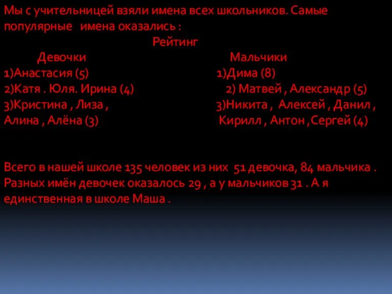 Мы с учительницей взяли имена всех школьников. Самые популярные имена