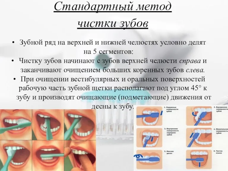 Стандартный метод чистки зубов Зубной ряд на верхней и нижней